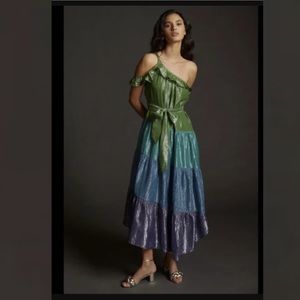 ANTHROPOLOGIE MAEVE RUFFLED ONE-SHOULDER SHIMMER MIDI DRESS